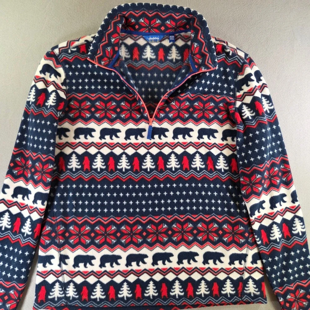 Chubbies Bearly Wild Quarter Zip Fleece Pullover Fair Isle Bear Navy Blue Red M